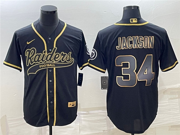 Men's Las Vegas Raiders #34 Bo Jackson Black Gold With Patch Cool Base Stitched Baseball Jersey